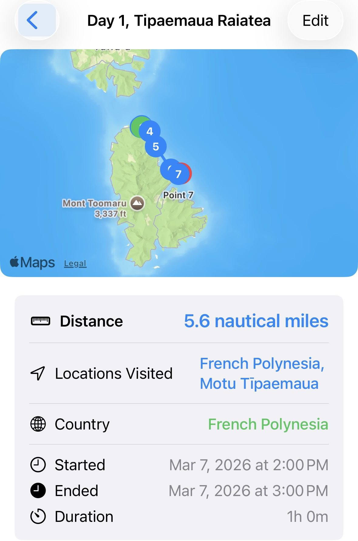 Day 1 route — Raiatea marina to Motu Tipaemaua