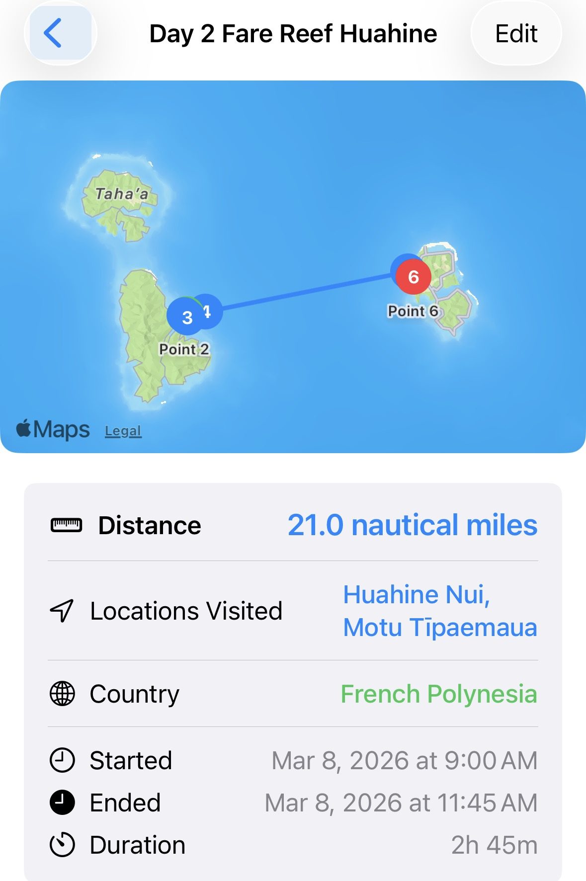 Day 2 route — Motu Tipaemaua to Fare Reef, Huahine