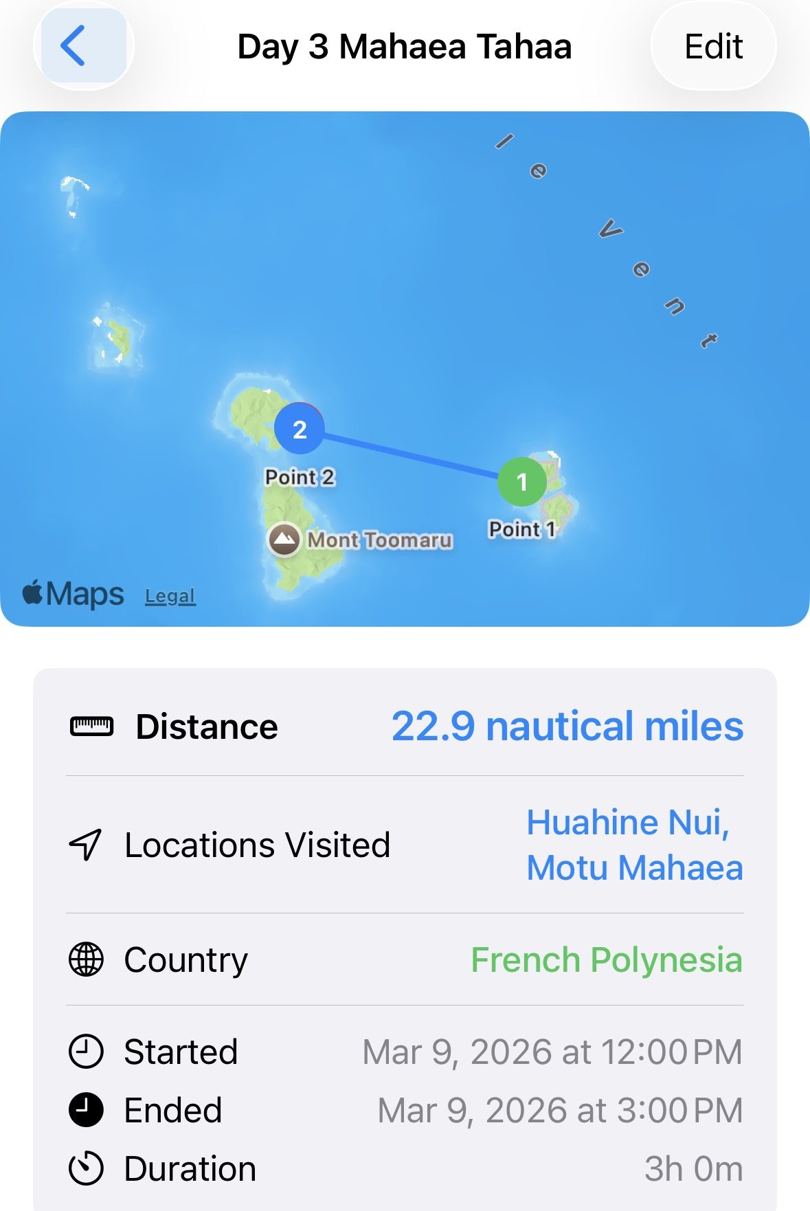 Day 3 route — Huahine to Motu Mahaea, Tahaa