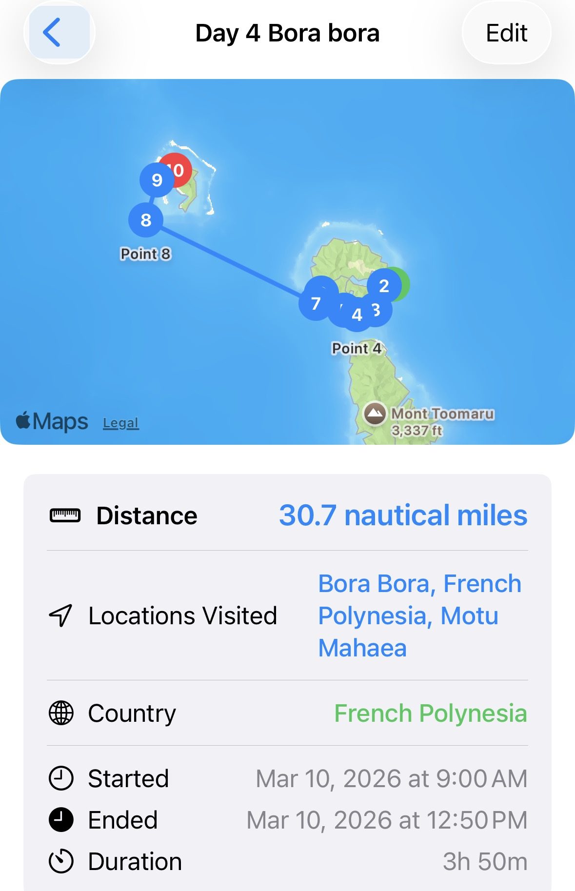 Day 4 route — Motu Mahaea to Bora Bora
