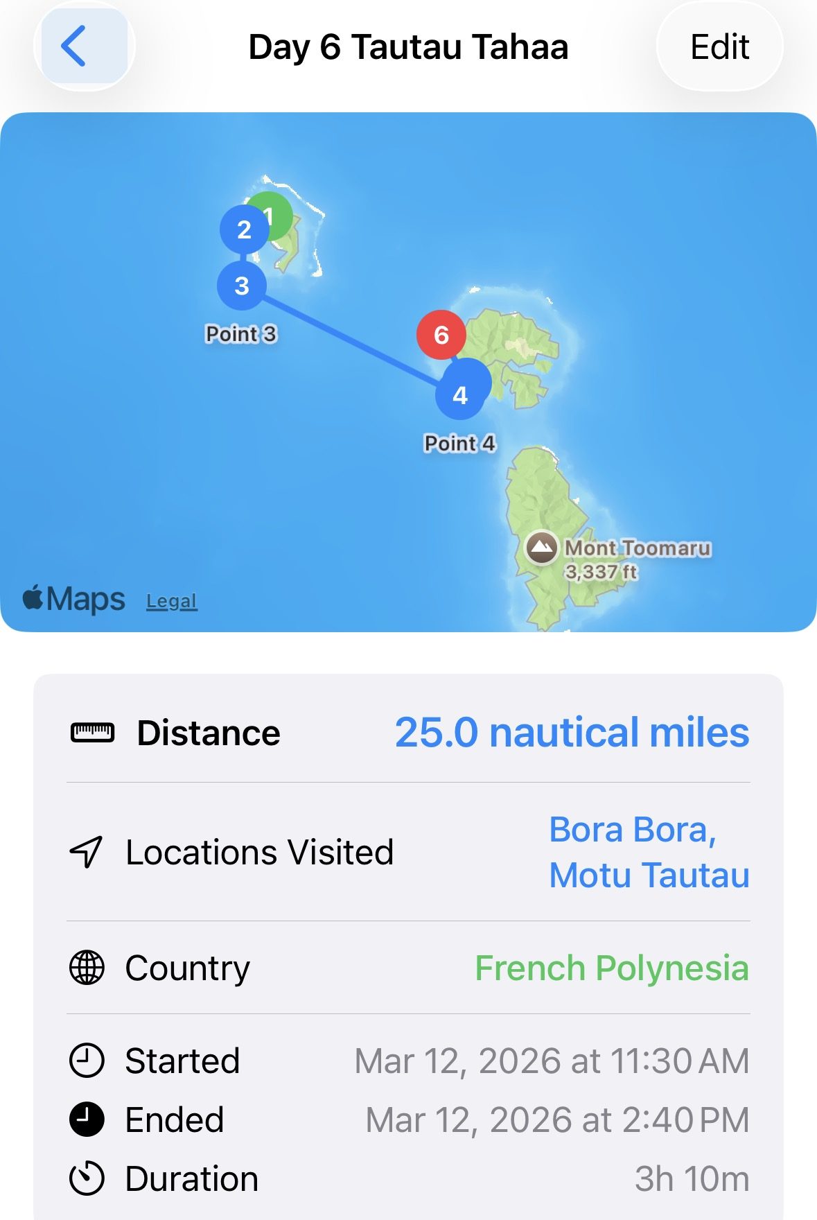Day 6 route — Bora Bora to Motu Tau Tau, Tahaa
