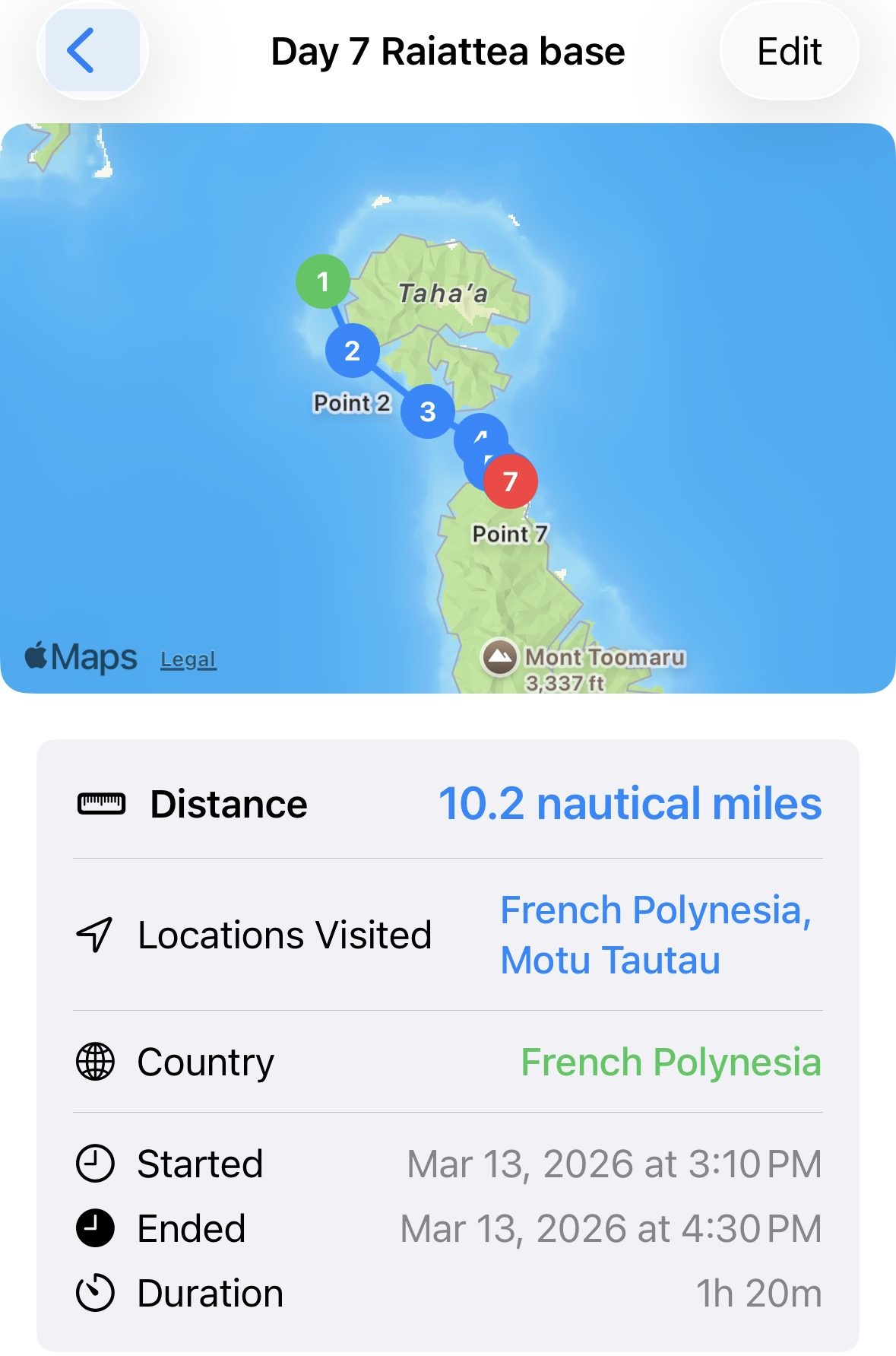Day 7 route — Tahaa back to the Raiatea marina