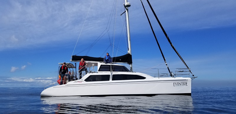 Even Tide — 35' catamaran under way