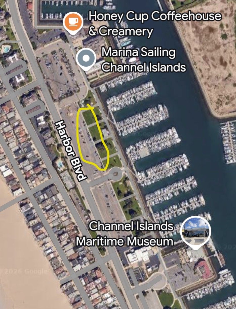 Marina Sailing at Channel Islands Harbor with the parking lot circled