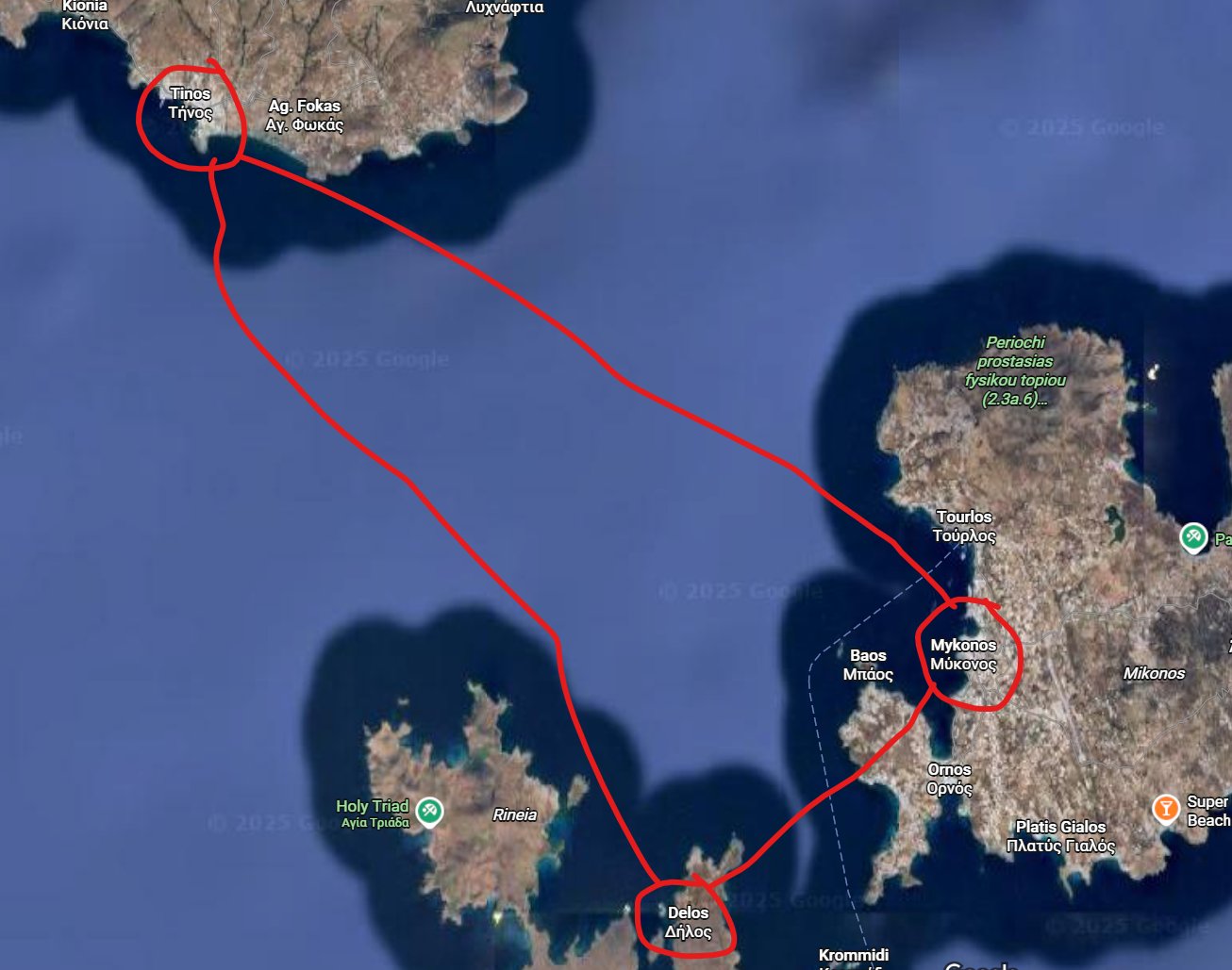 Sailing route from Mykonos to Tinos