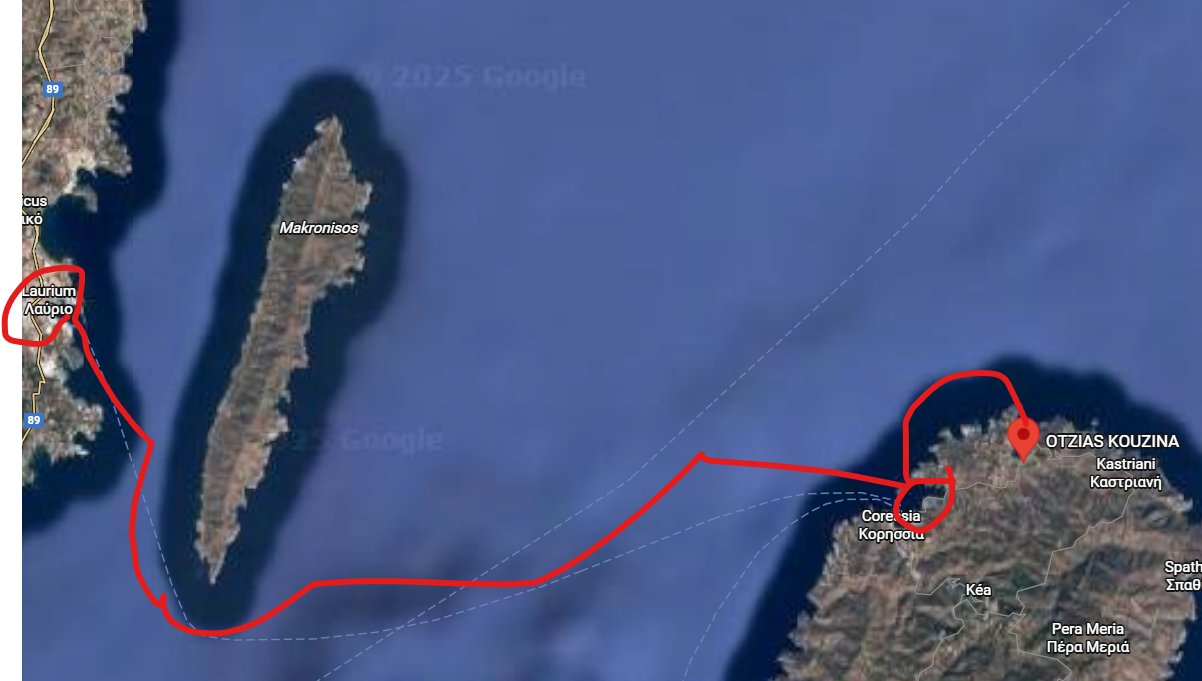 Sailing route from Kea back to Lavrion