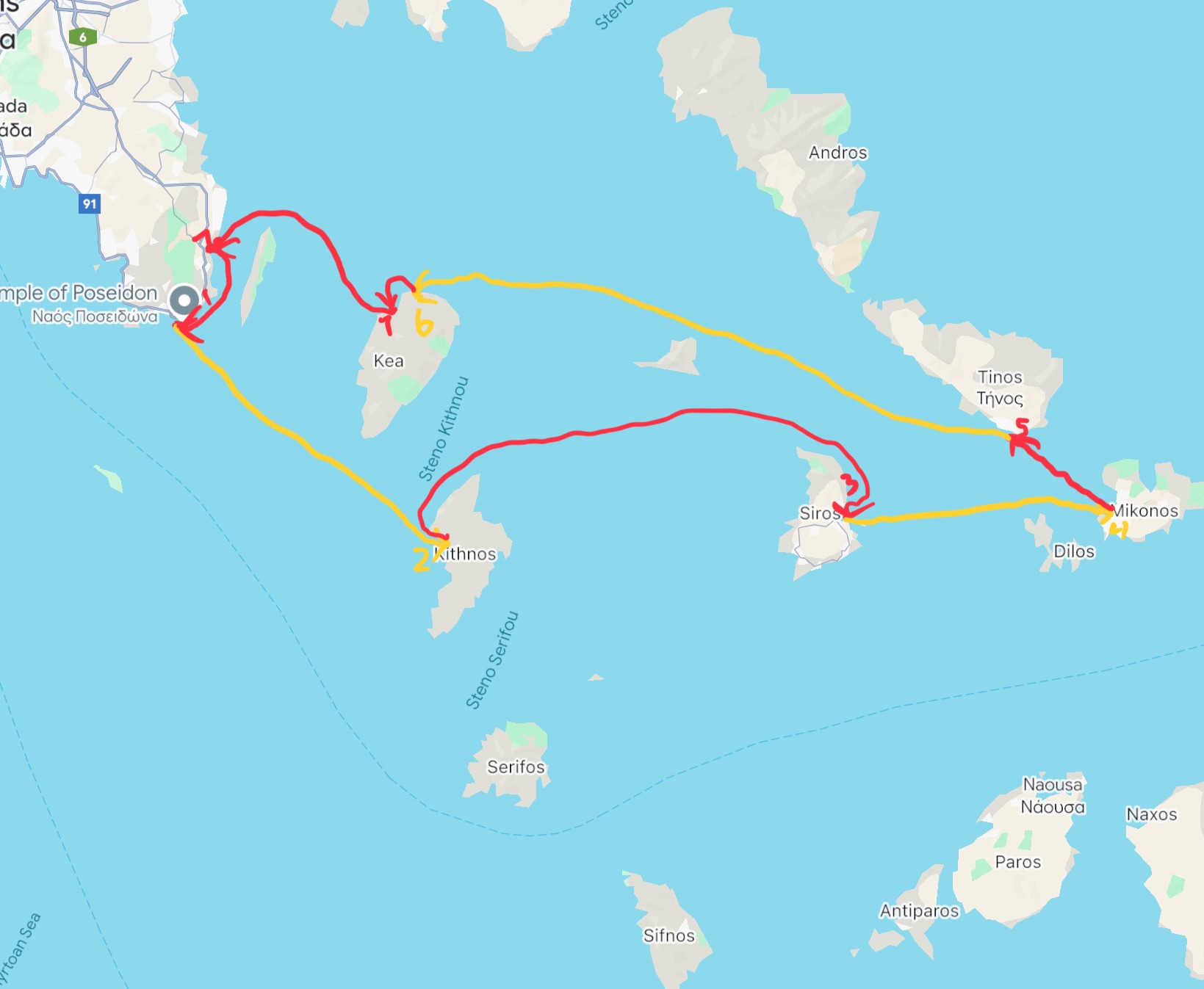 Map of the sailing route through the Cyclades
