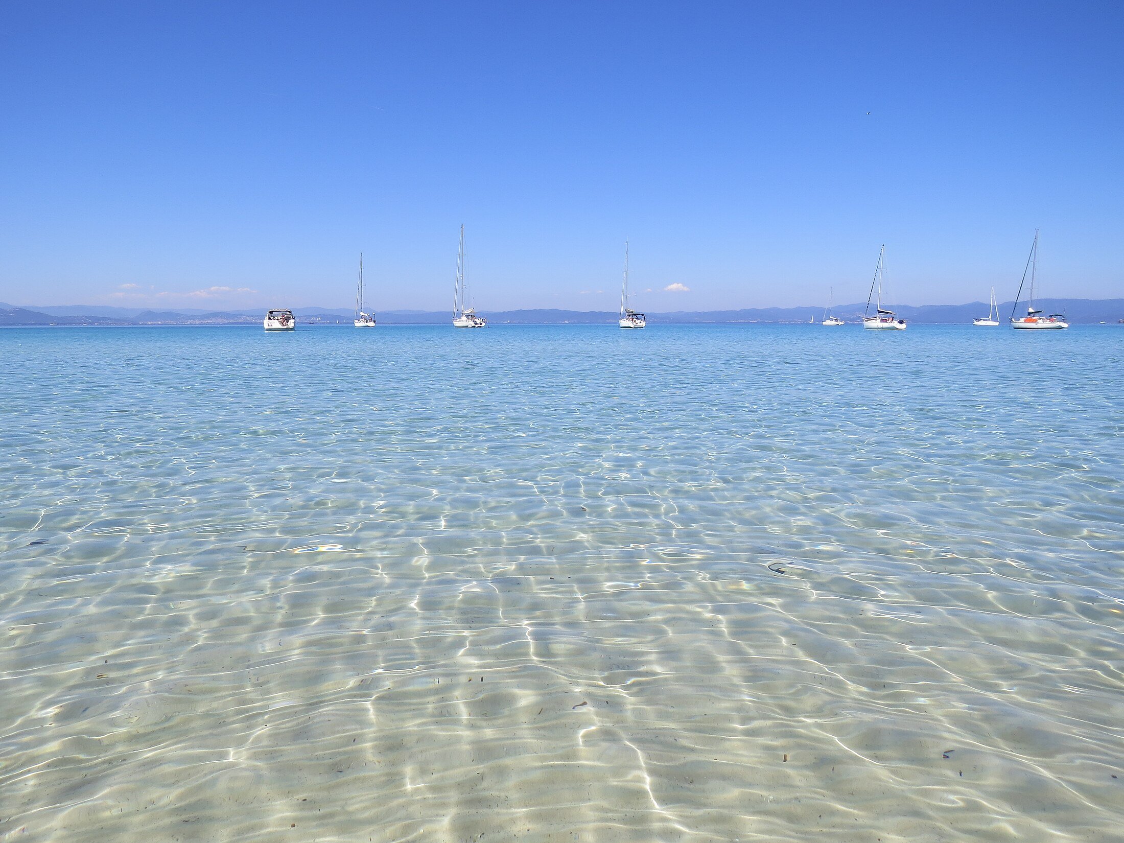 Sailboats anchored off Plage Notre-Dame, Porquerolles, French Riviera